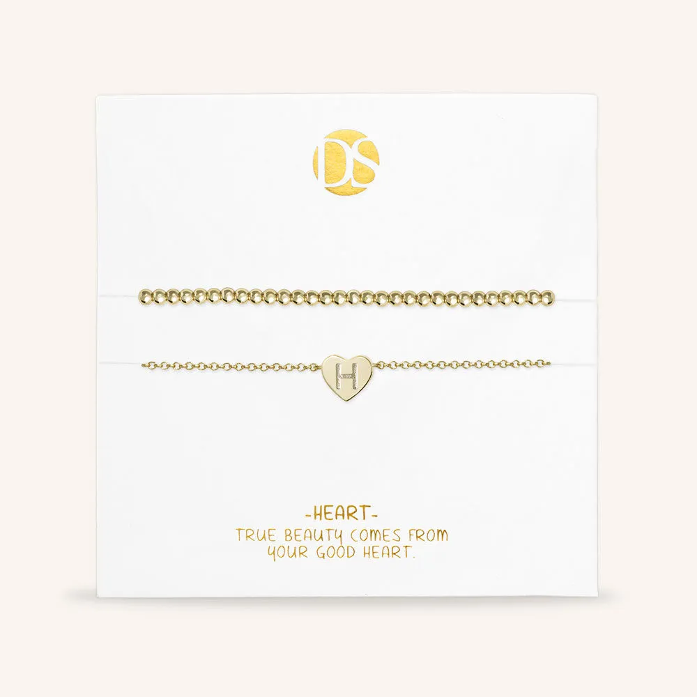 "Love Letter" Set of Two Initial Charm & Polished Beads Layering Anklets
