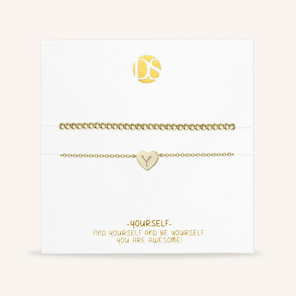 "Love Letter" Set of Two Initial Charm & Polished Beads Layering Anklets