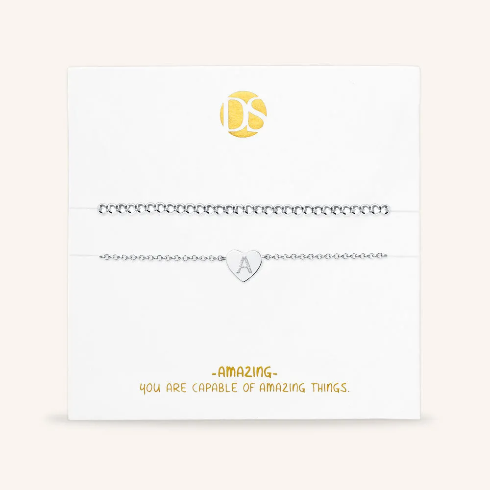 "Love Letter" Set of Two Initial Charm & Polished Beads Layering Anklets