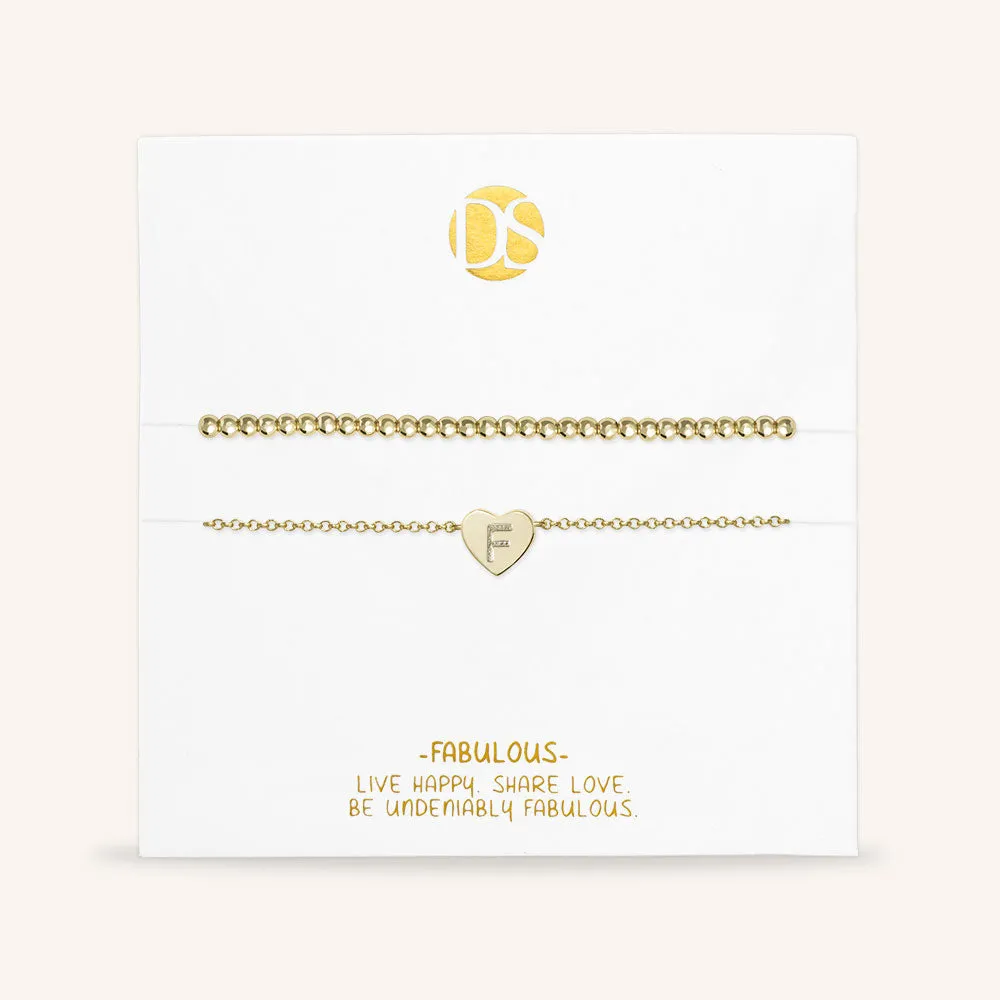 "Love Letter" Set of Two Initial Charm & Polished Beads Layering Anklets