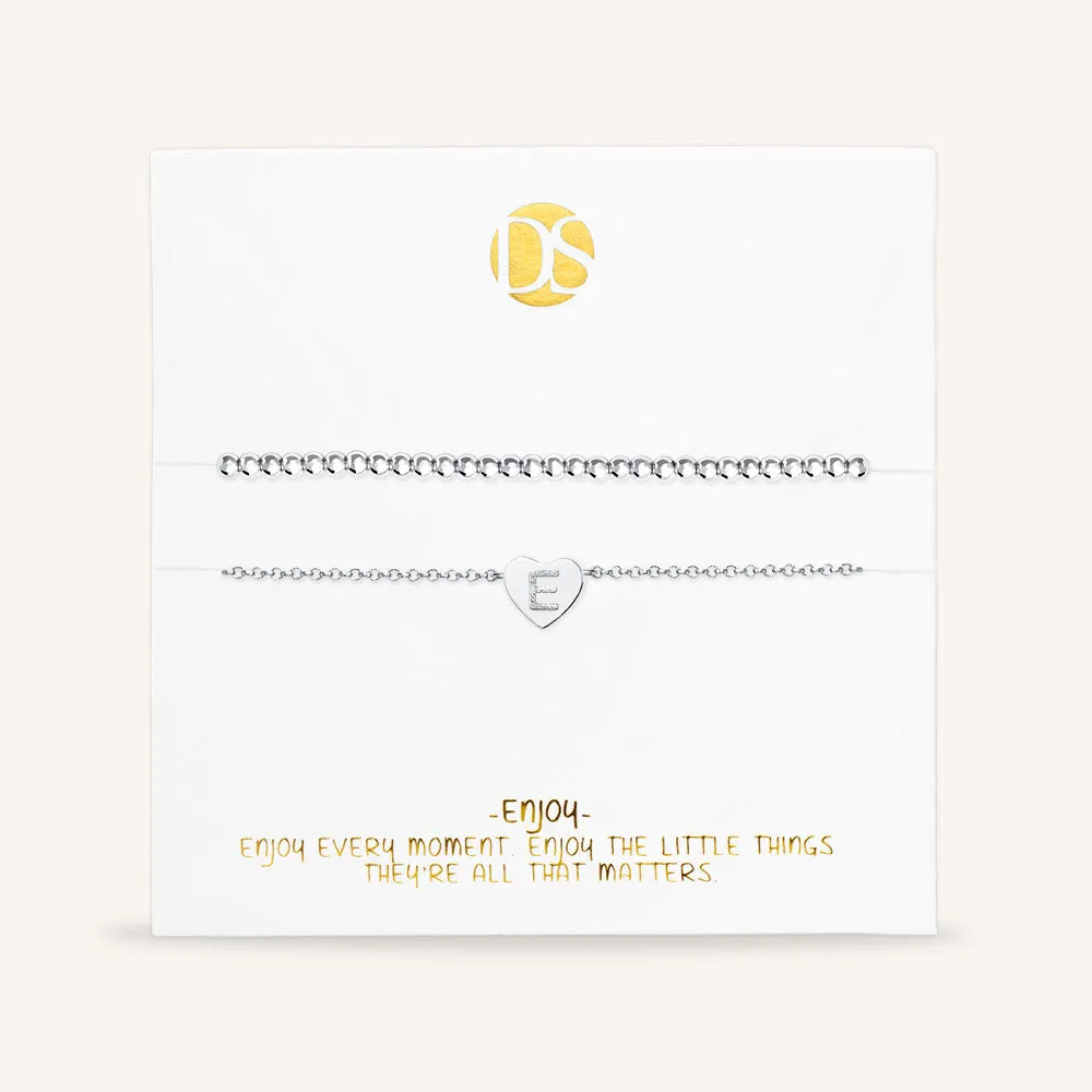 "Love Letter" Set of Two Initial Charm & Polished Beads Layering Anklets