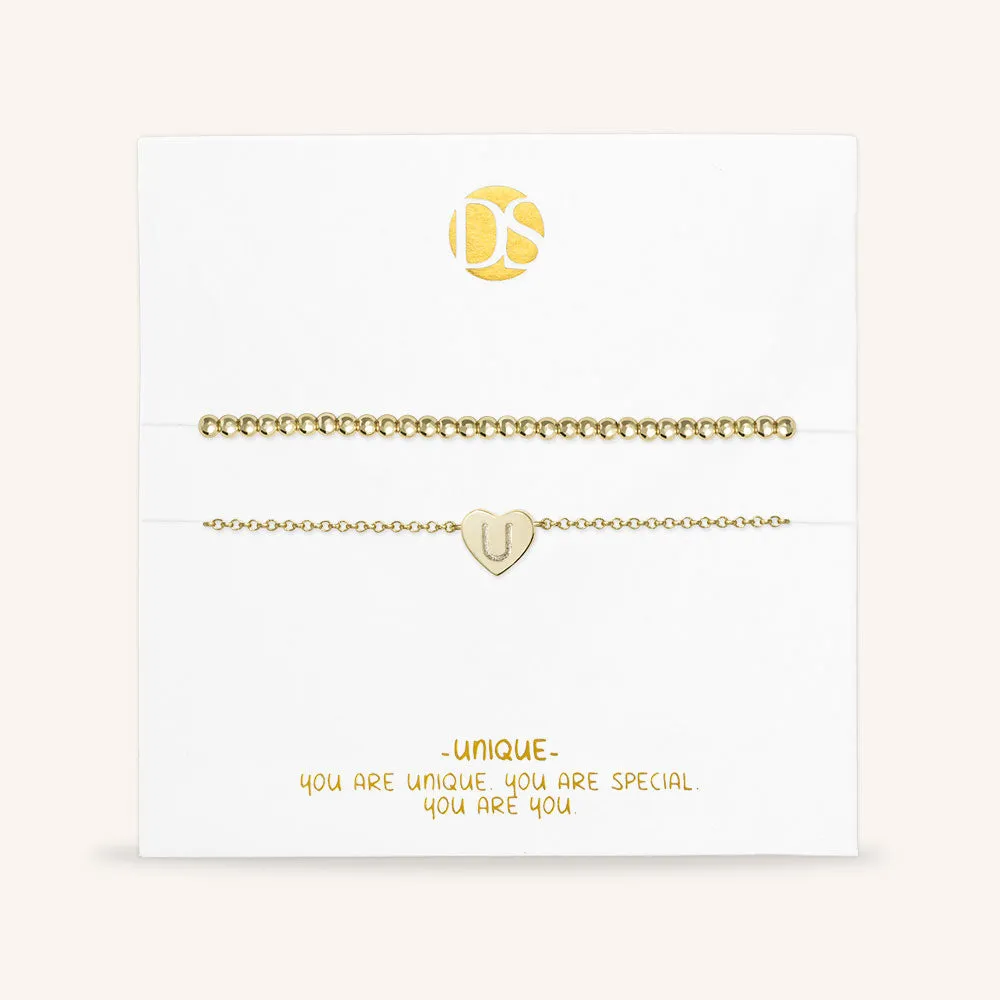 "Love Letter" Set of Two Initial Charm & Polished Beads Layering Anklets