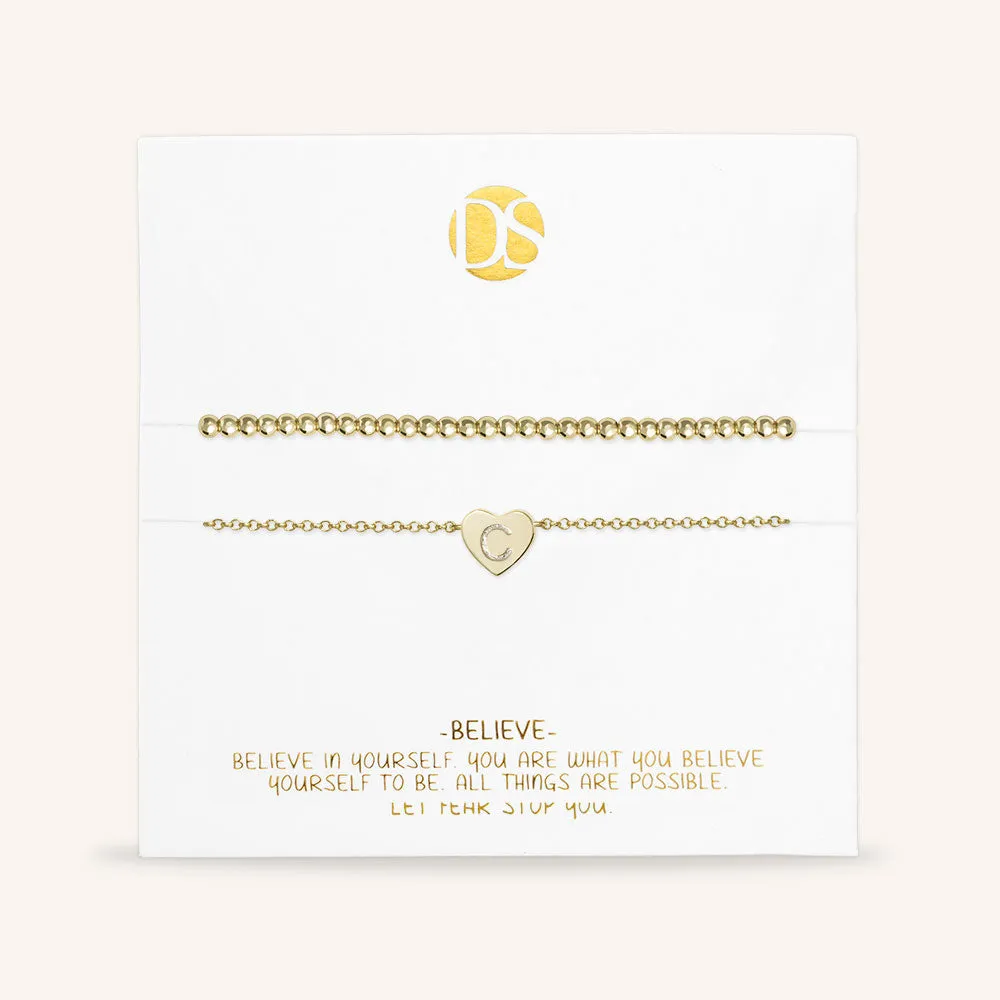 "Love Letter" Set of Two Initial Charm & Polished Beads Layering Anklets