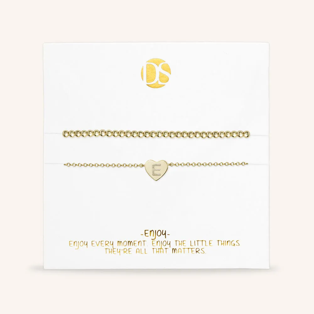 "Love Letter" Set of Two Initial Charm & Polished Beads Layering Anklets