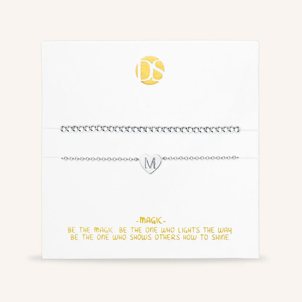 "Love Letter" Set of Two Initial Charm & Polished Beads Layering Anklets