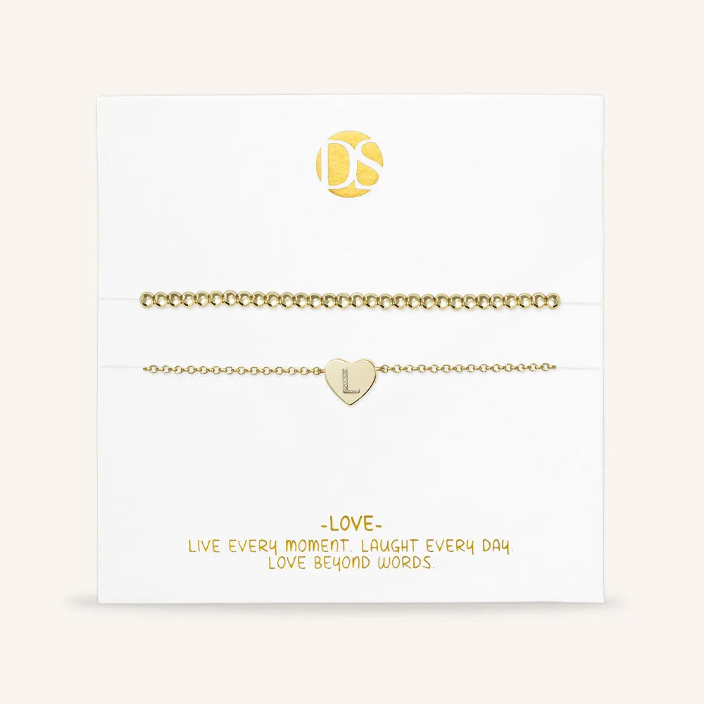 "Love Letter" Set of Two Initial Charm & Polished Beads Layering Anklets