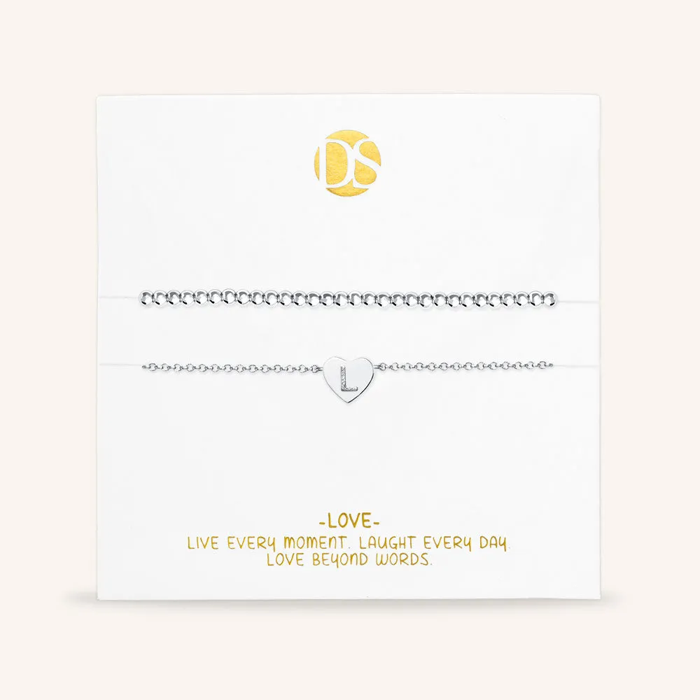 "Love Letter" Set of Two Initial Charm & Polished Beads Layering Anklets