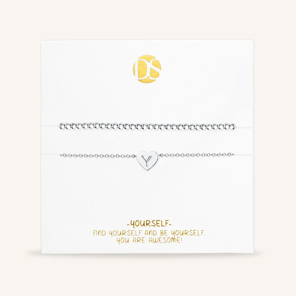 "Love Letter" Set of Two Initial Charm & Polished Beads Layering Anklets