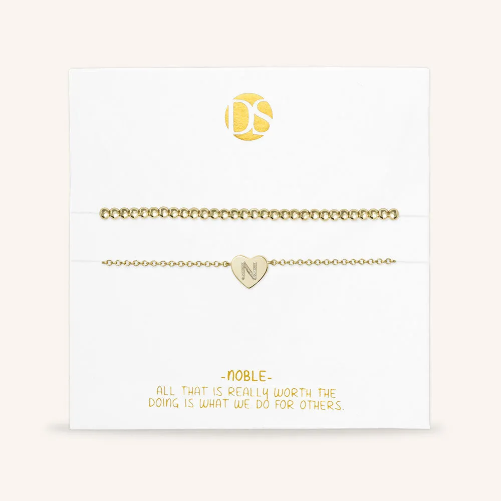 "Love Letter" Set of Two Initial Charm & Polished Beads Layering Anklets