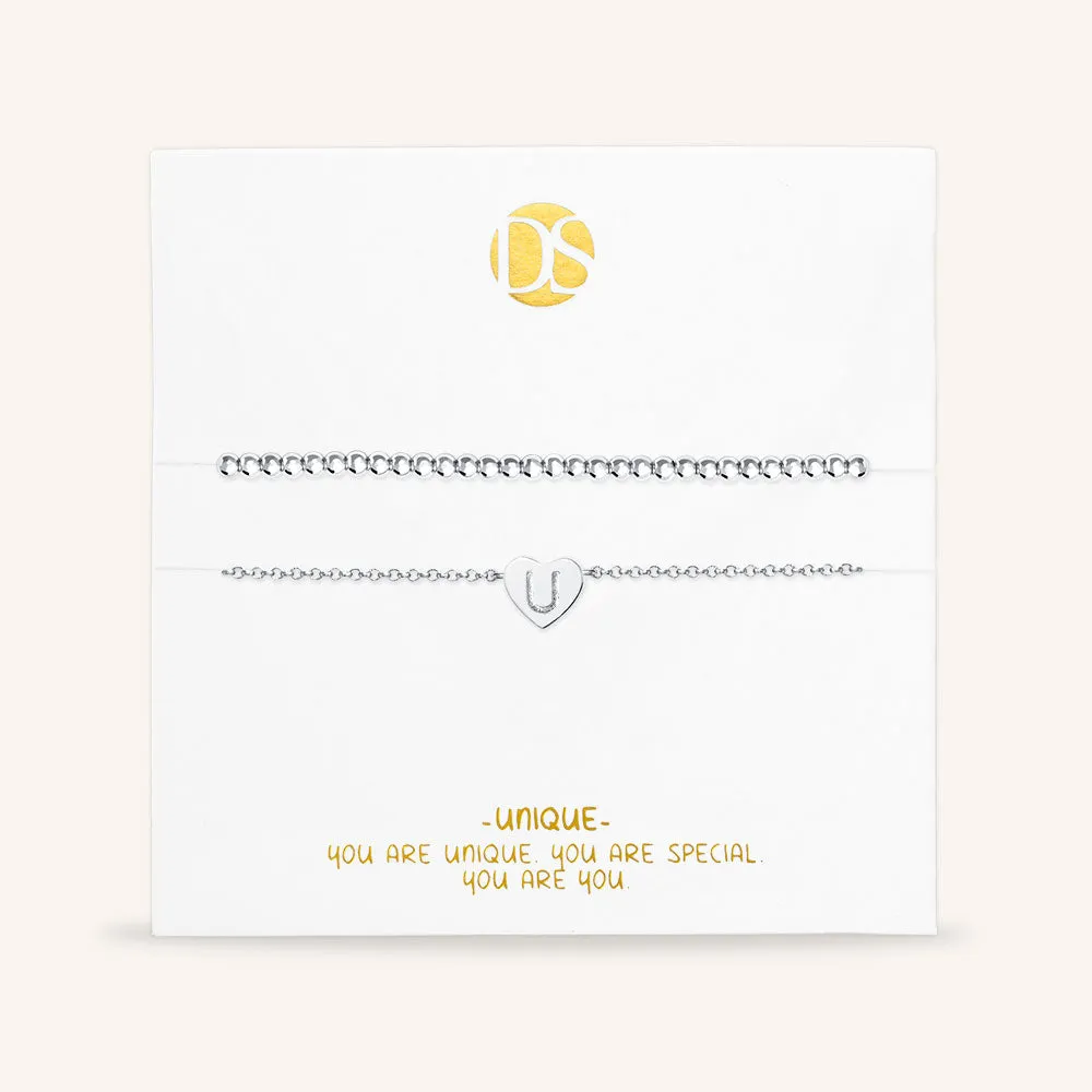 "Love Letter" Set of Two Initial Charm & Polished Beads Layering Anklets