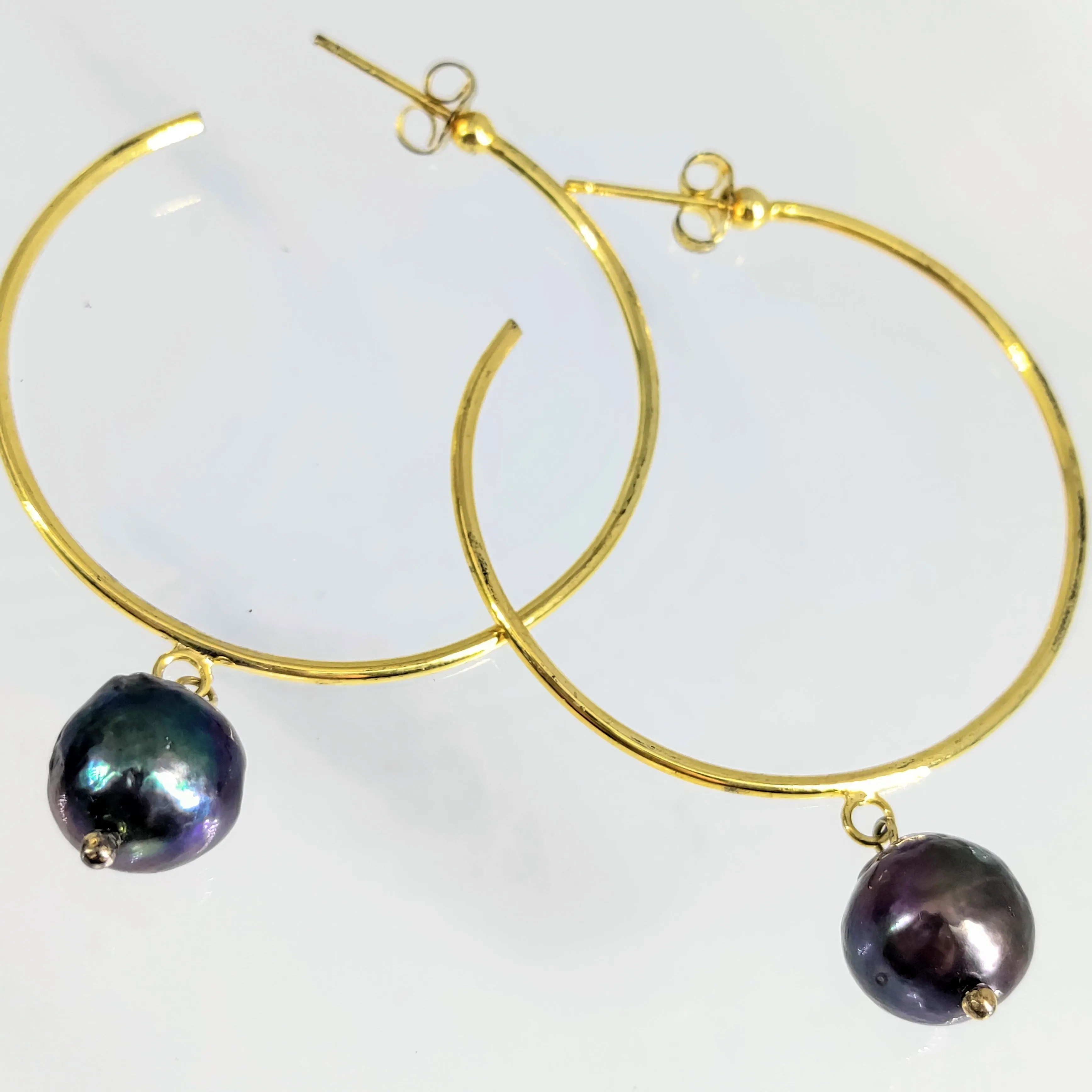 "Pearl Hoopin'" 2.25" Earrings - Peacock Pearls, Gold Sterling