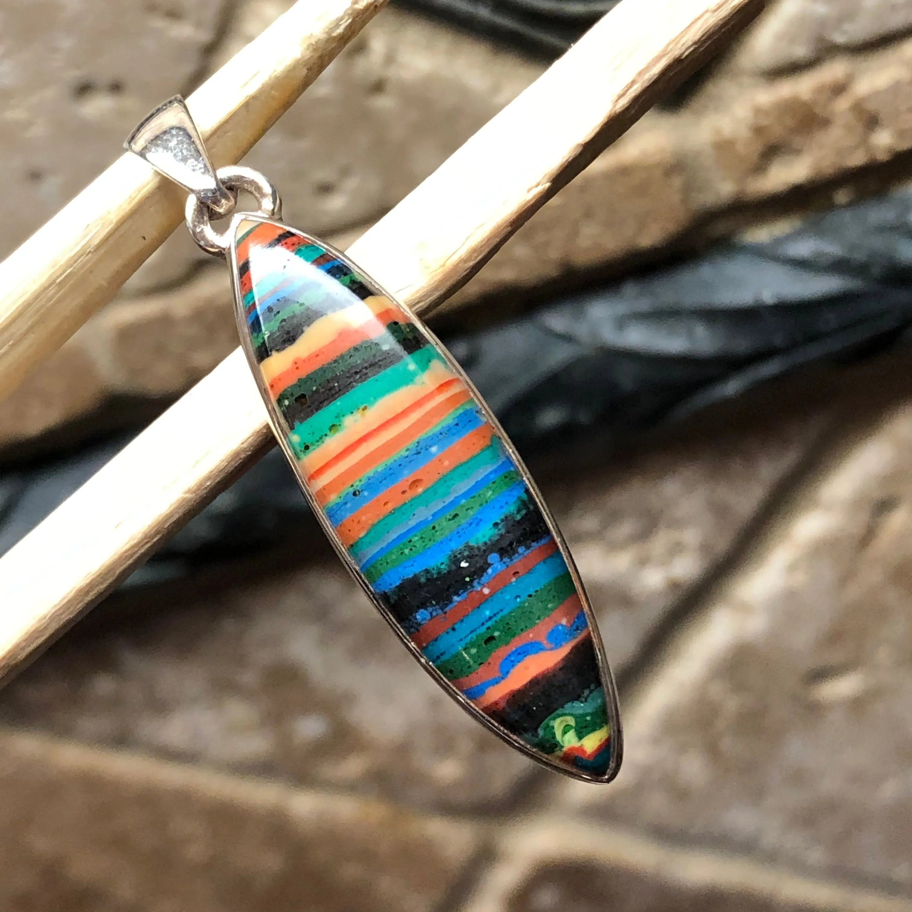 Rainbow Calsilica 925 Solid Sterling Silver Pendant 45mm