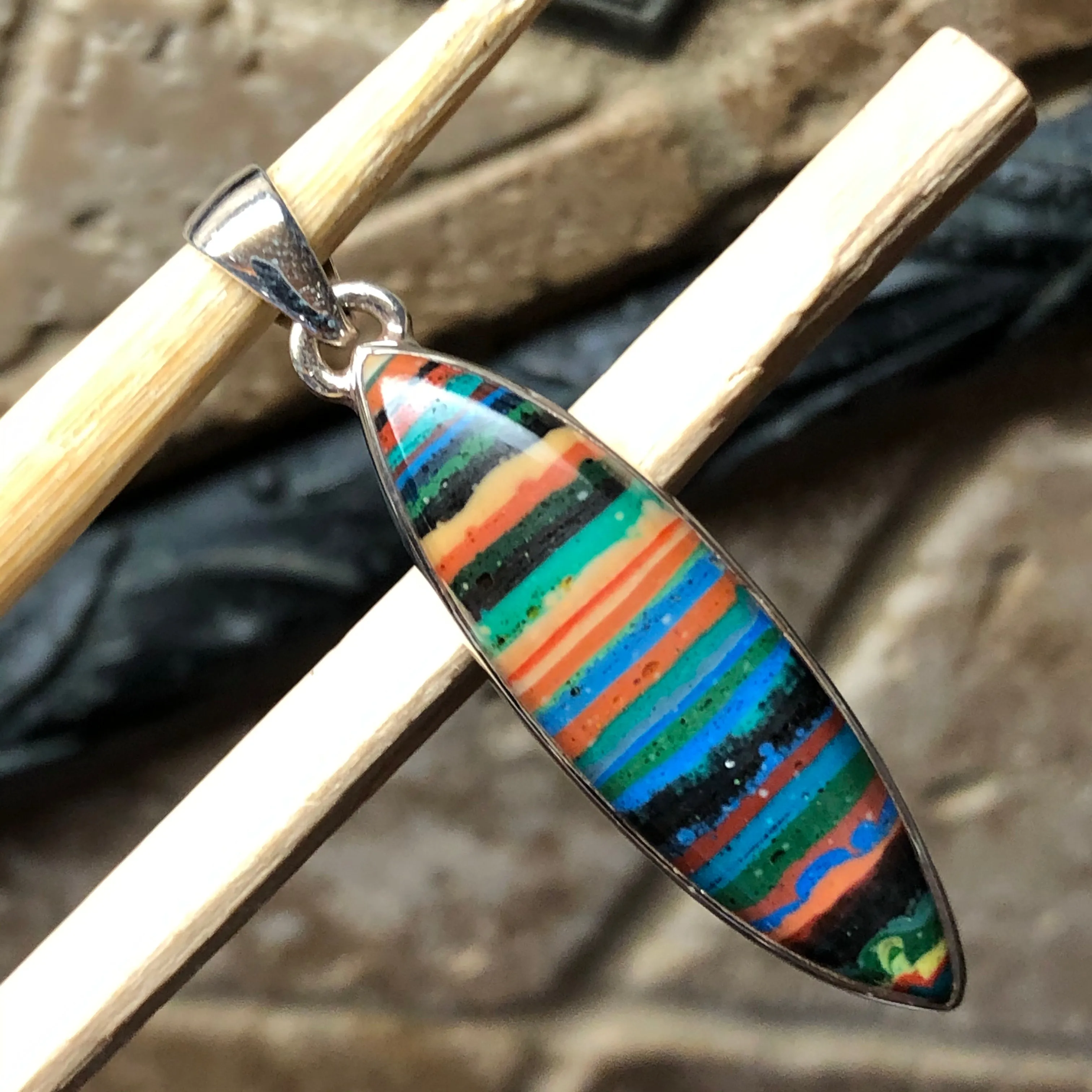 Rainbow Calsilica 925 Solid Sterling Silver Pendant 45mm