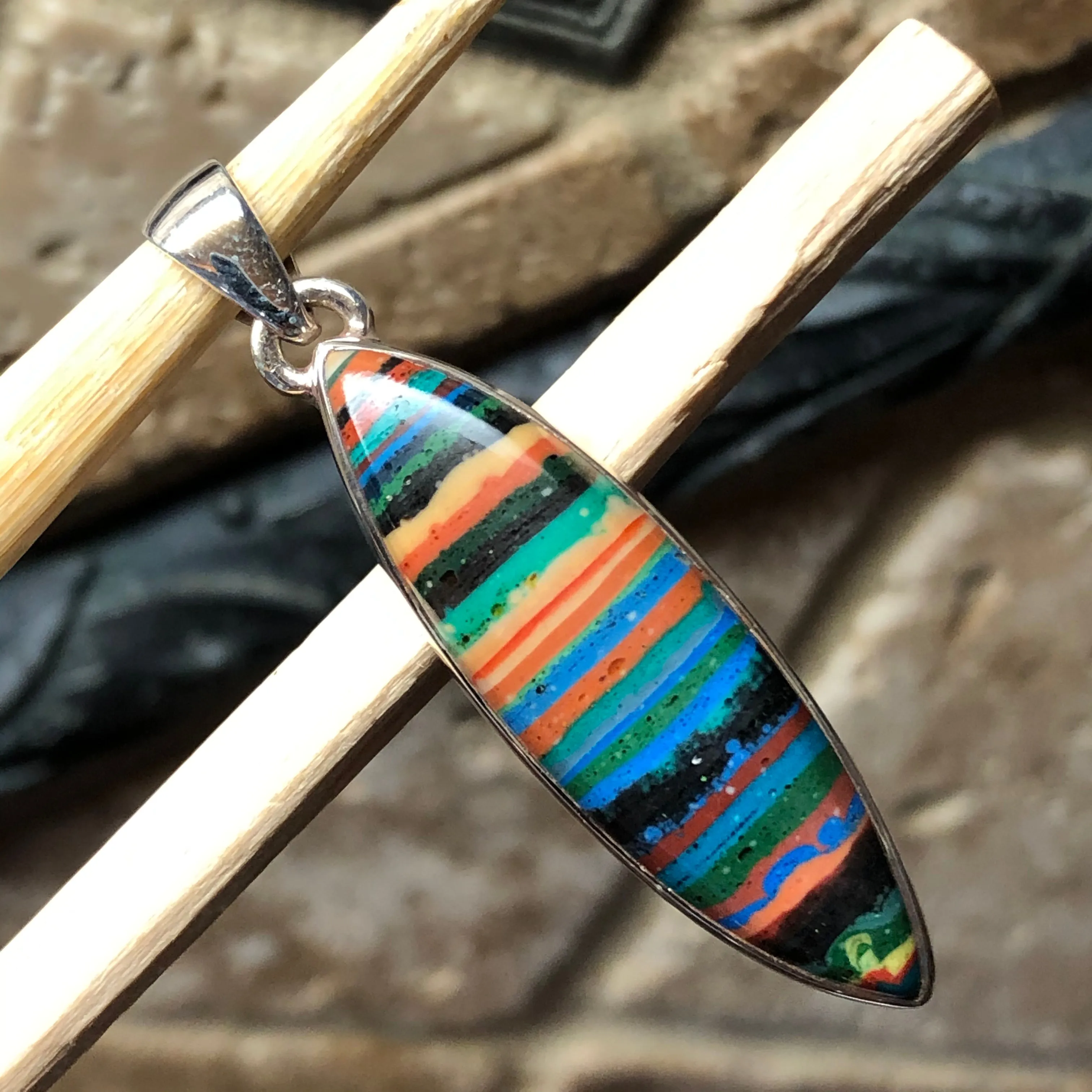 Rainbow Calsilica 925 Solid Sterling Silver Pendant 45mm