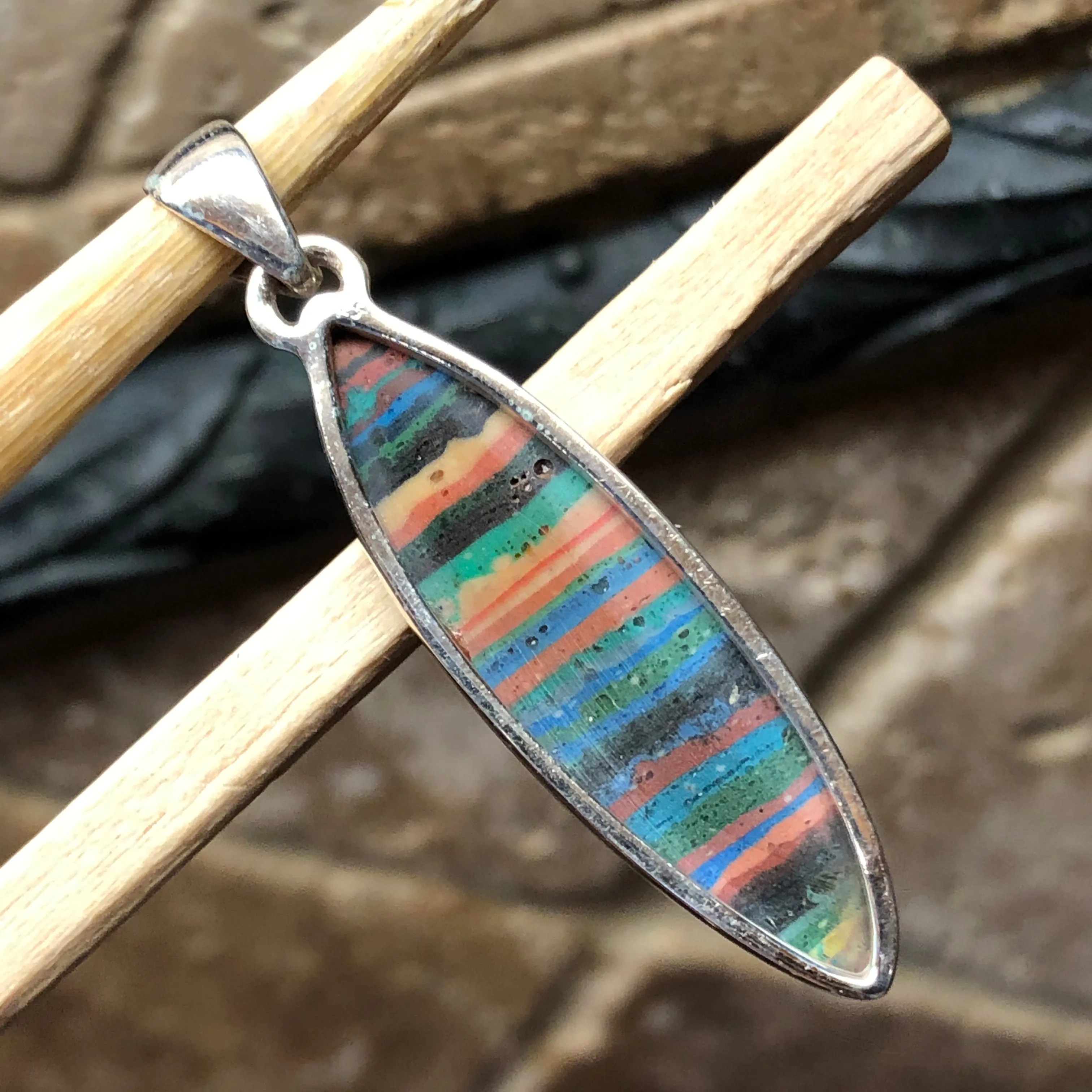 Rainbow Calsilica 925 Solid Sterling Silver Pendant 45mm