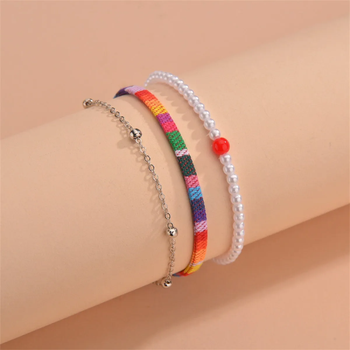 Rainbow Polyster & Pearl 18K Gold-Plated Beaded Anklet Set