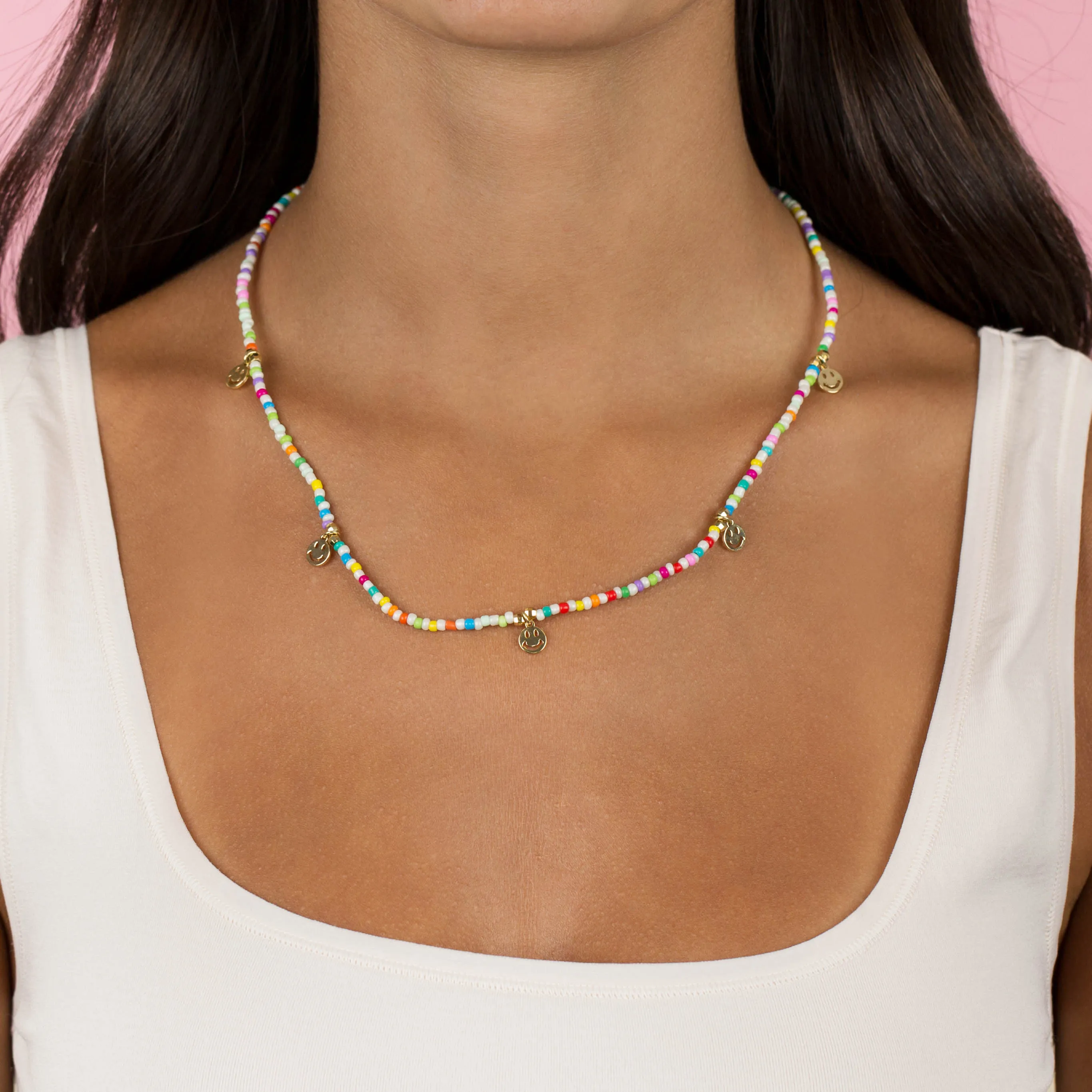 Rainbow Smiley Face Beaded Necklace