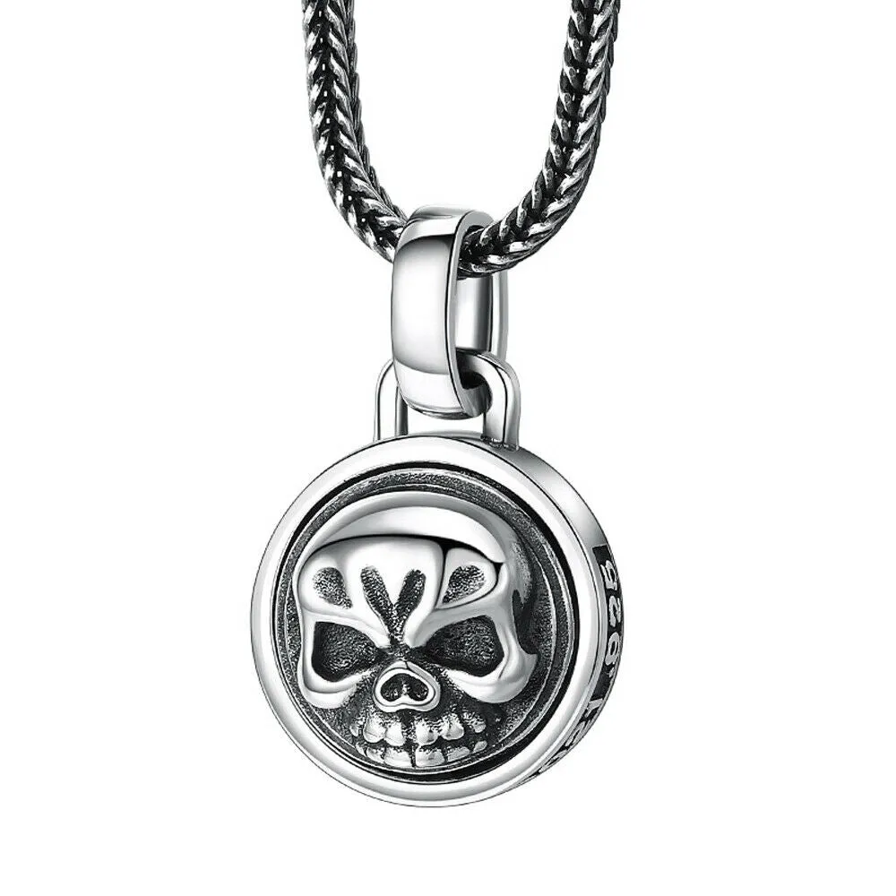 Real 925 Sterling Silver Pendant Jewelry Skull Round Hip Rock Fashion Jewelry