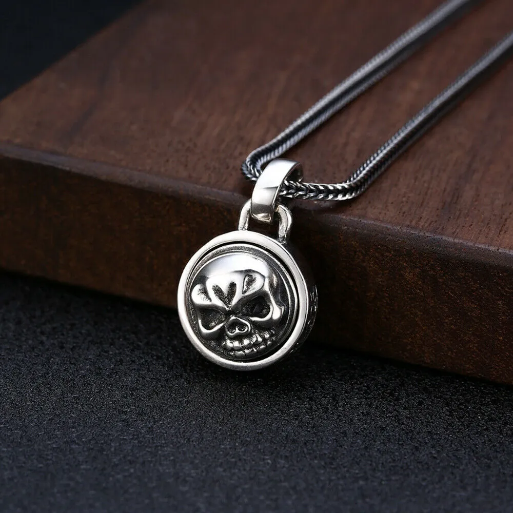 Real 925 Sterling Silver Pendant Jewelry Skull Round Hip Rock Fashion Jewelry