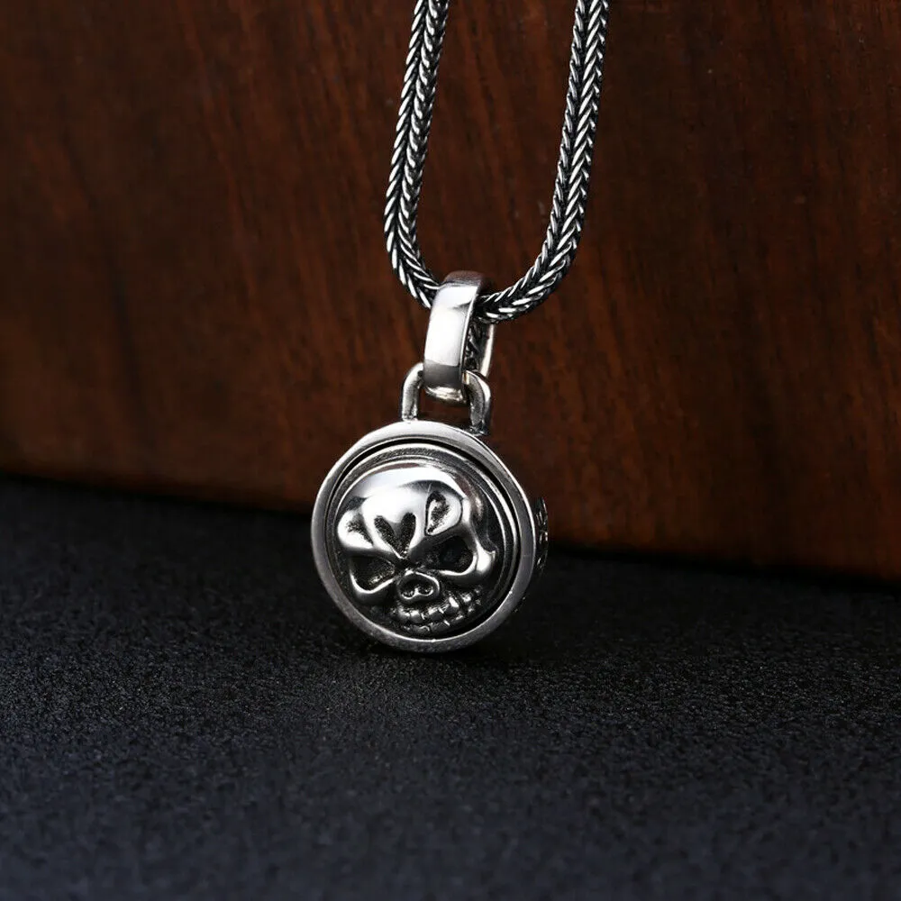 Real 925 Sterling Silver Pendant Jewelry Skull Round Hip Rock Fashion Jewelry