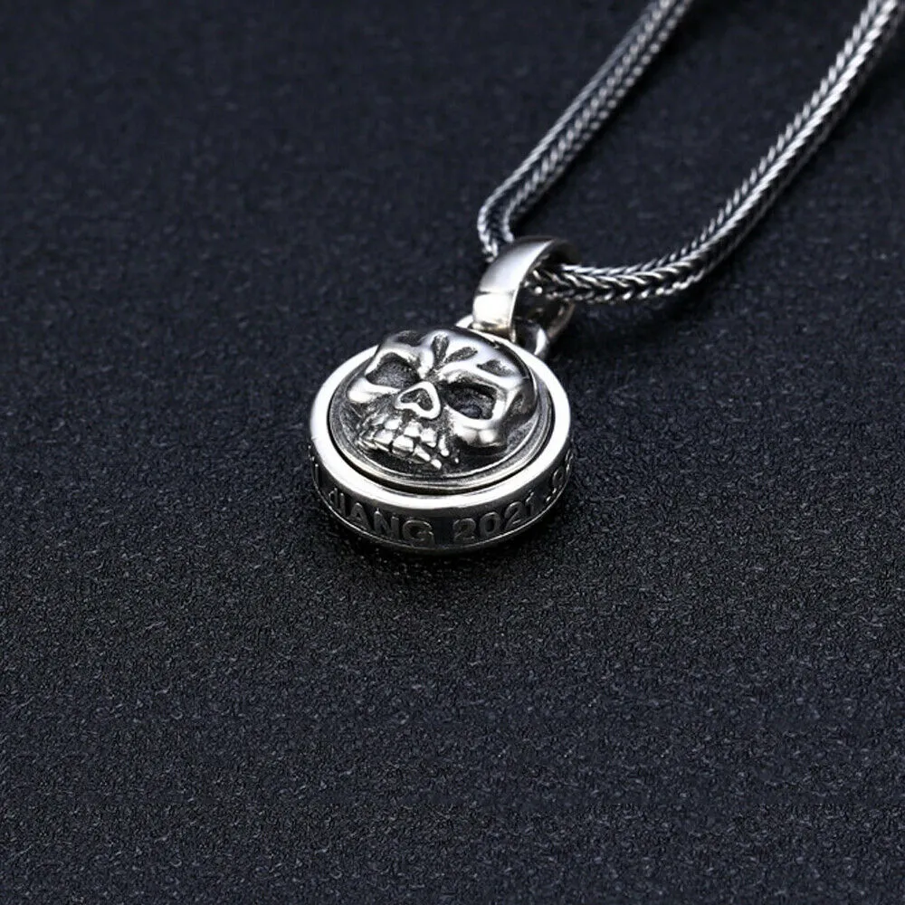 Real 925 Sterling Silver Pendant Jewelry Skull Round Hip Rock Fashion Jewelry
