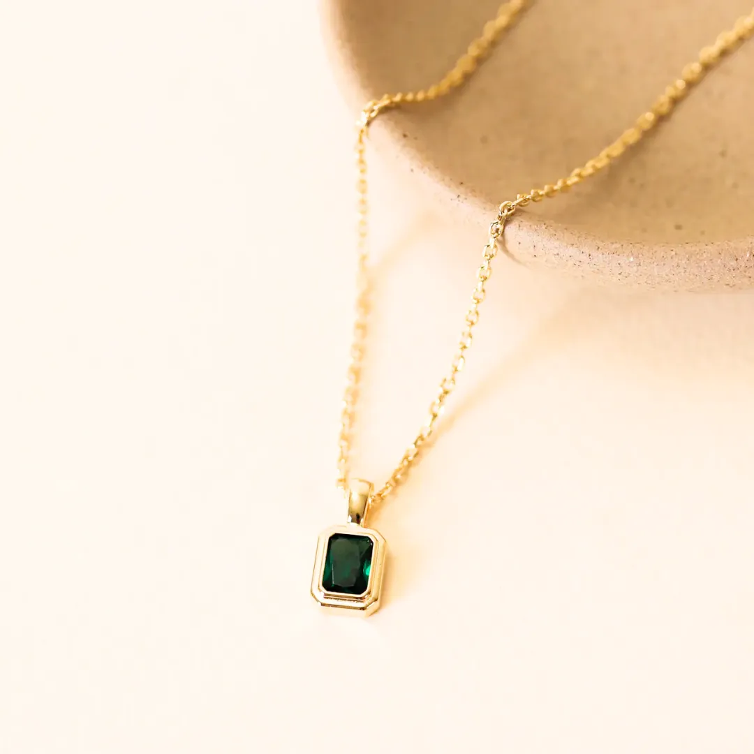 Rectangular Gold Baguette Pendant in Emerald Green