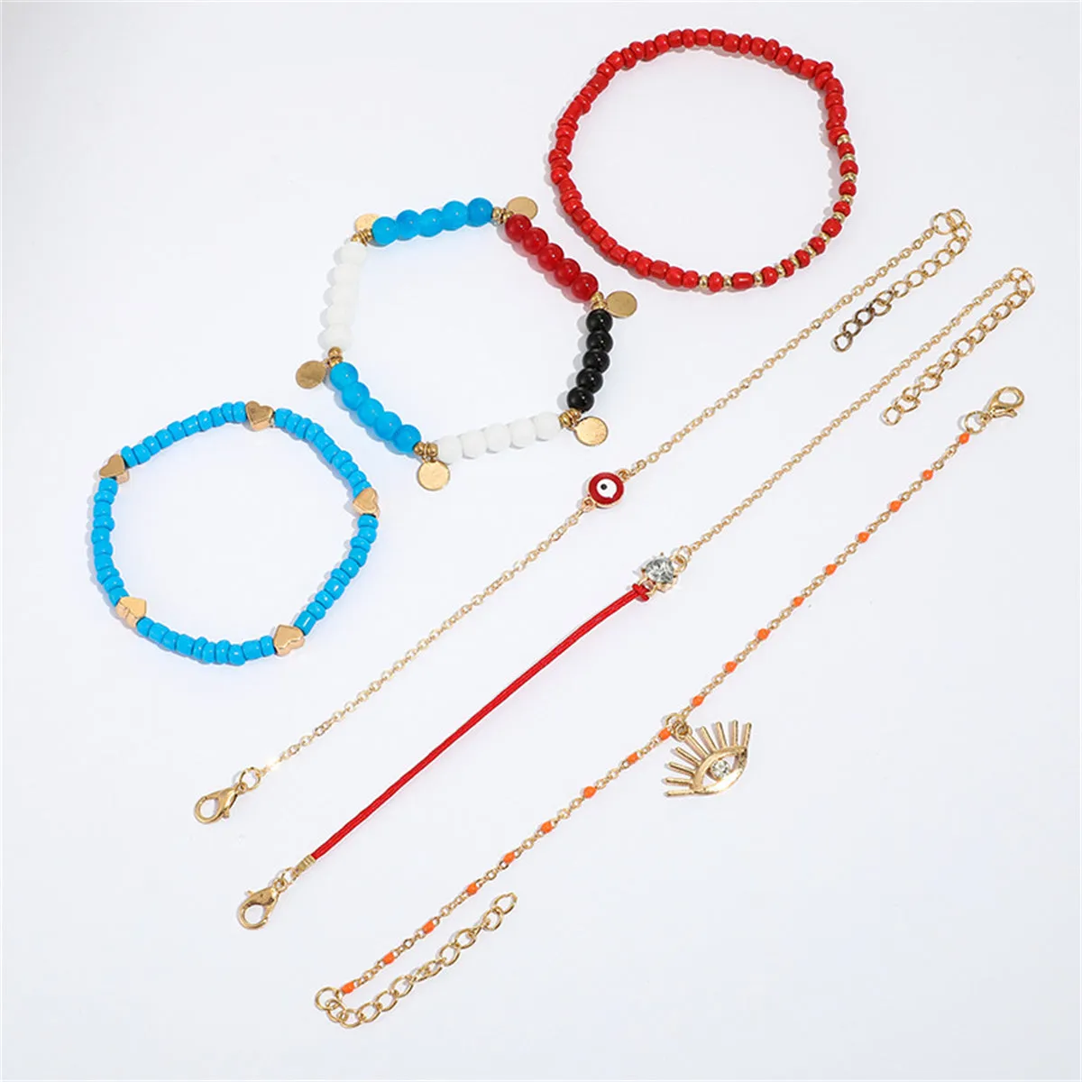 Red & Blue Beaded Evil Eye Anklet Set