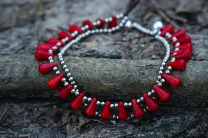 Red Beaded Double Strand Boho Anklet