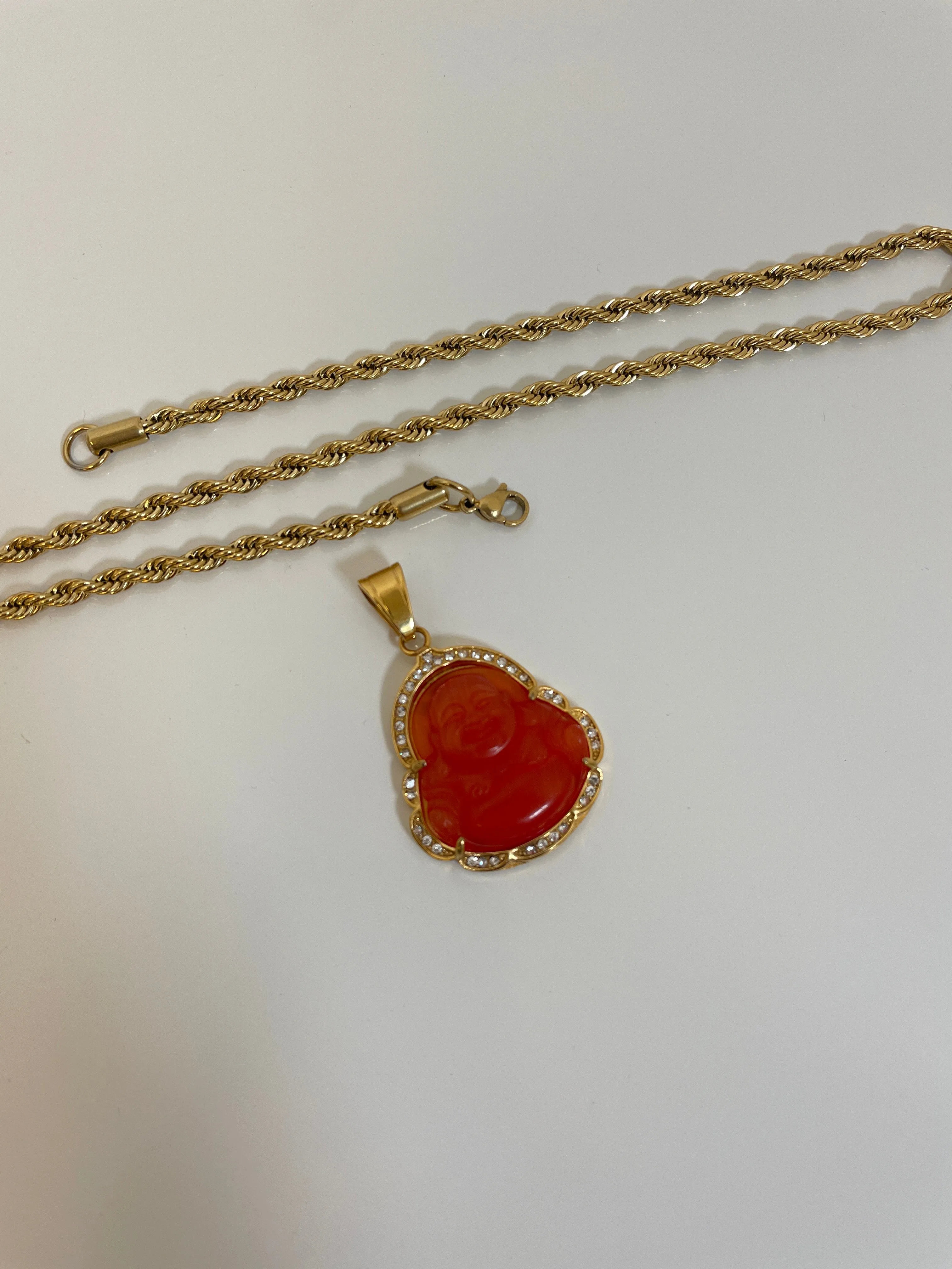 Red Buddha Pendant with 14K Gold Plated Rope Necklace 4mm 24" Chain Set