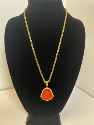Red Buddha Pendant with 14K Gold Plated Rope Necklace 4mm 24" Chain Set
