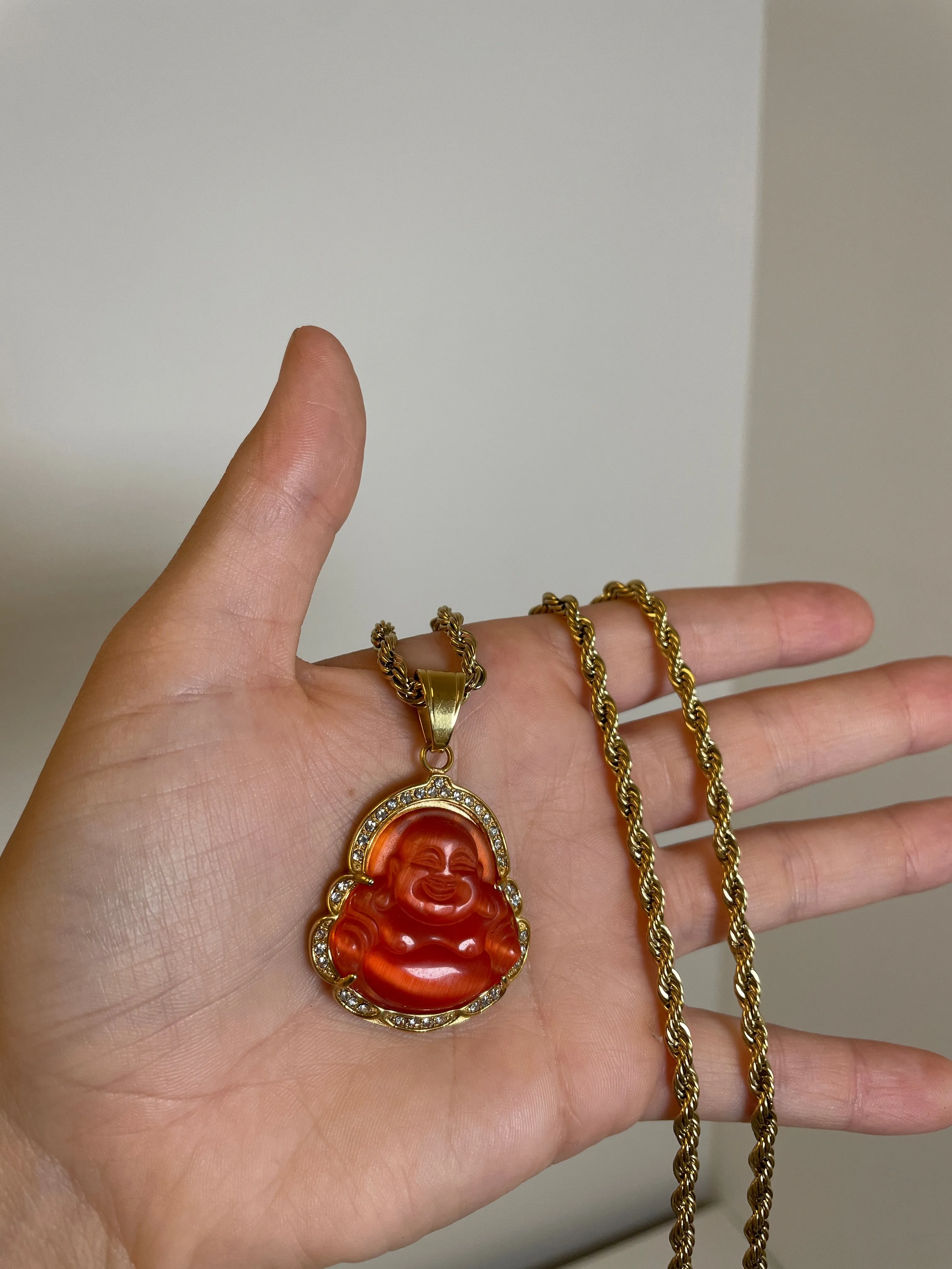 Red Buddha Pendant with 14K Gold Plated Rope Necklace 4mm 24" Chain Set