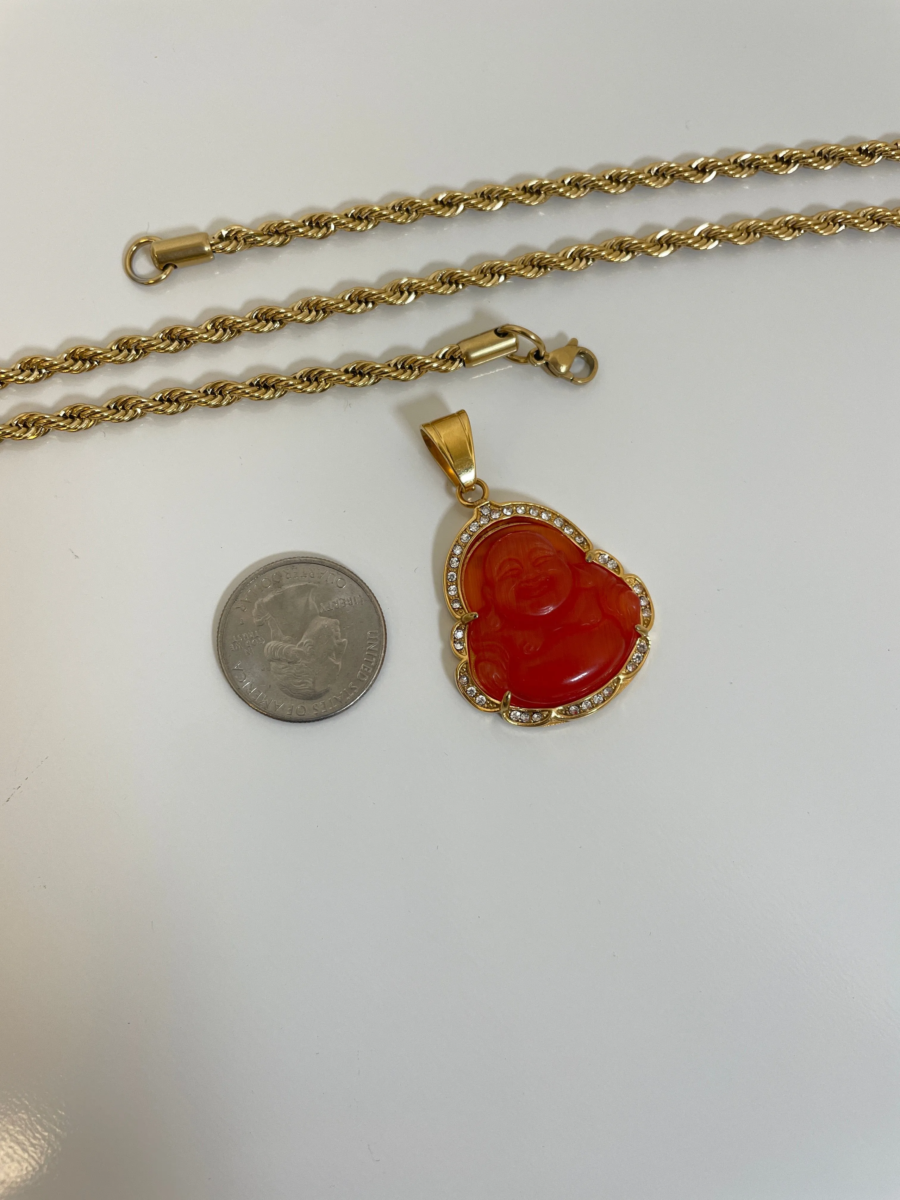 Red Buddha Pendant with 14K Gold Plated Rope Necklace 4mm 24" Chain Set