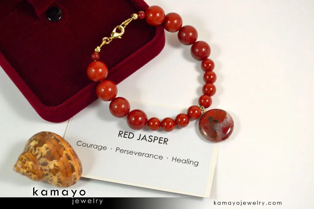RED JASPER BRACELET - Coin Pendant and Round Beads