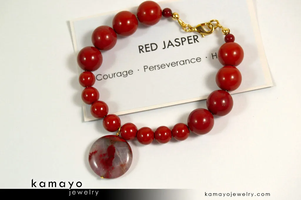 RED JASPER BRACELET - Coin Pendant and Round Beads