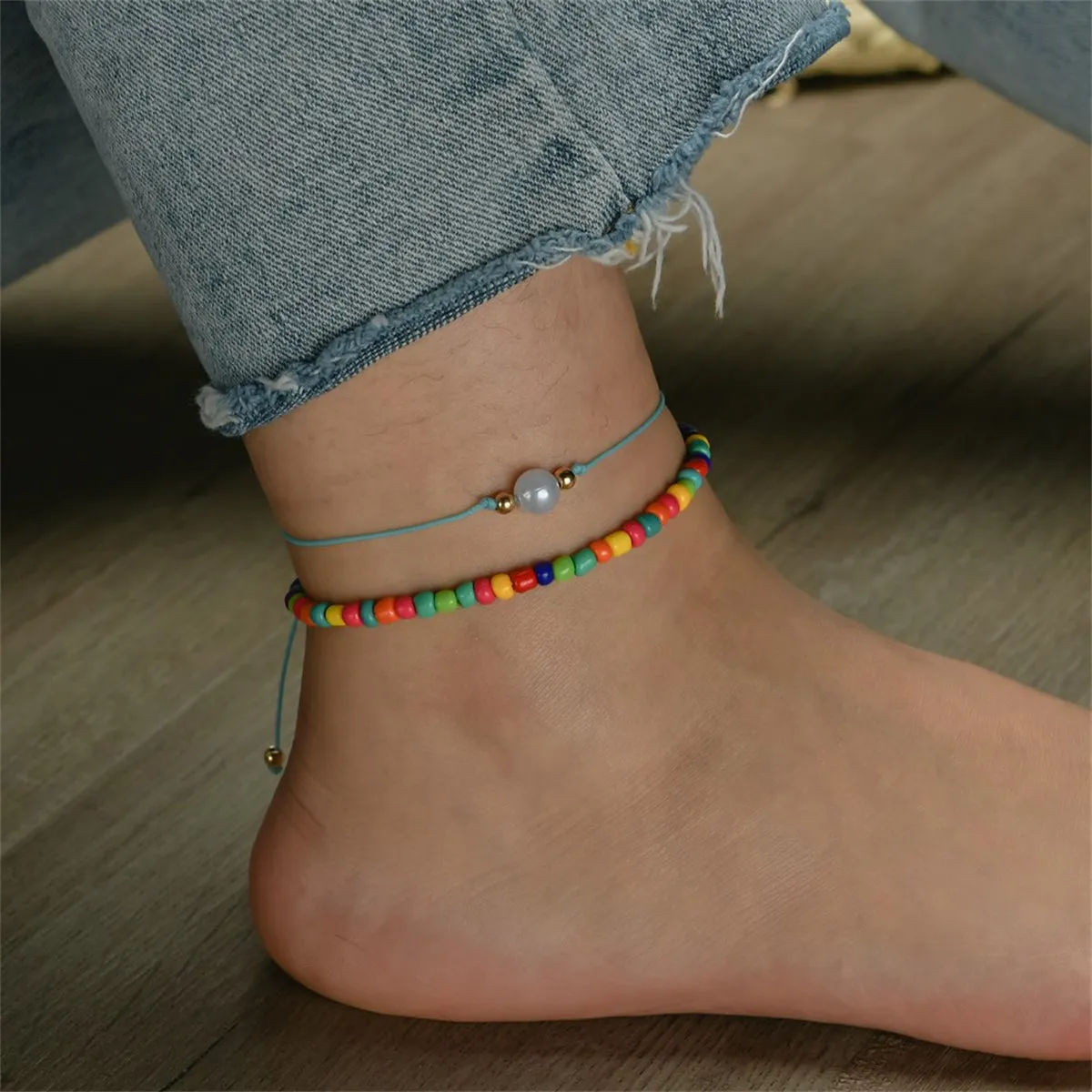 Red Multicolor Howlite Stretch Anklet Set