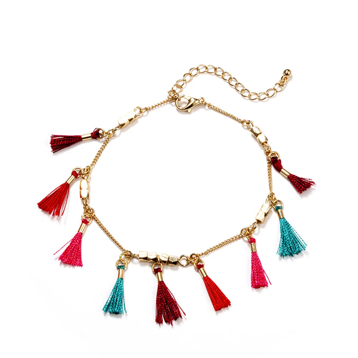 Red Multicolor Polyster & 18K Gold-Plated Rose Station Anklet Set