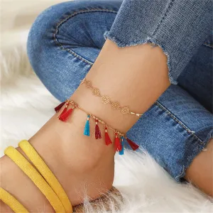Red Multicolor Polyster & 18K Gold-Plated Rose Station Anklet Set