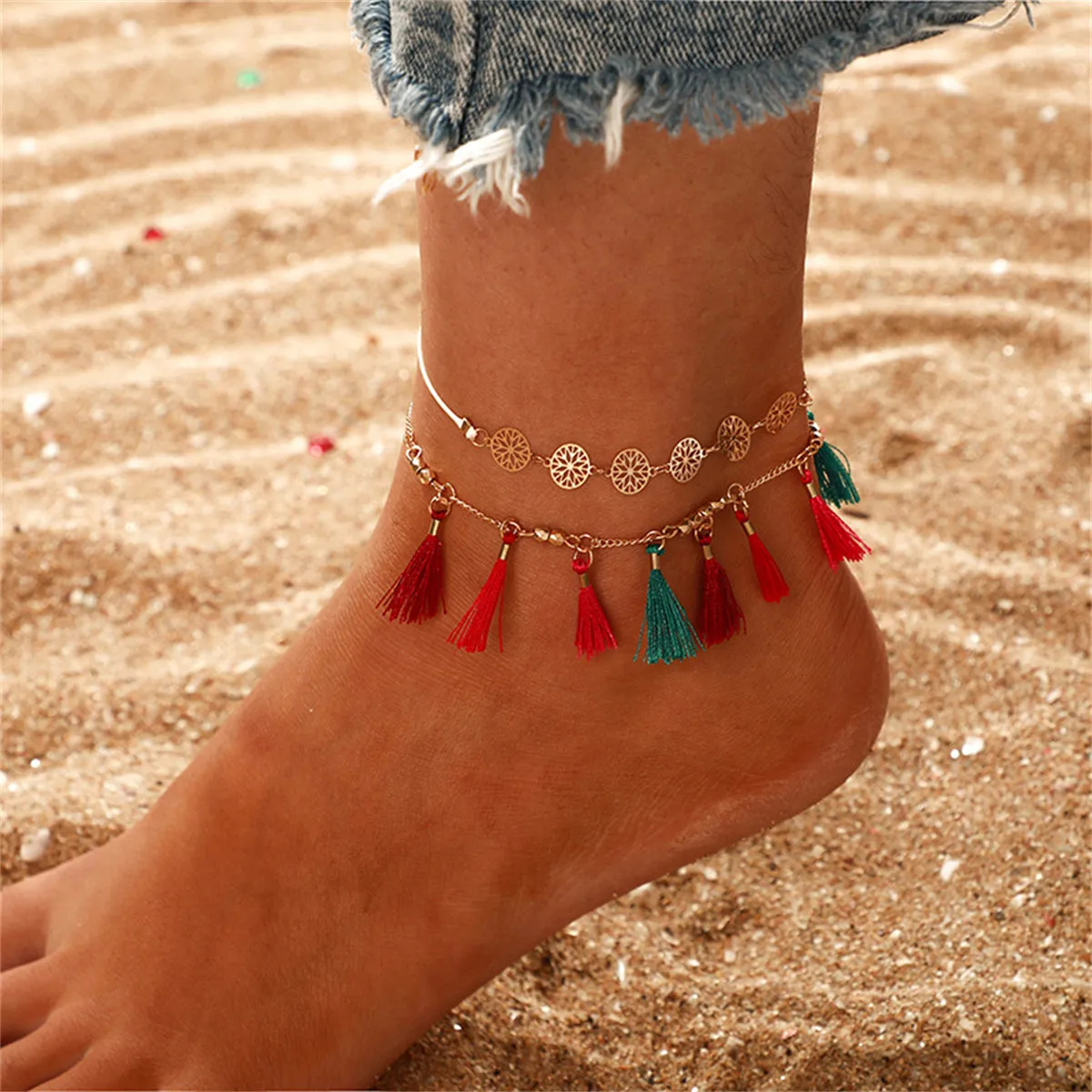 Red Multicolor Polyster & 18K Gold-Plated Rose Station Anklet Set