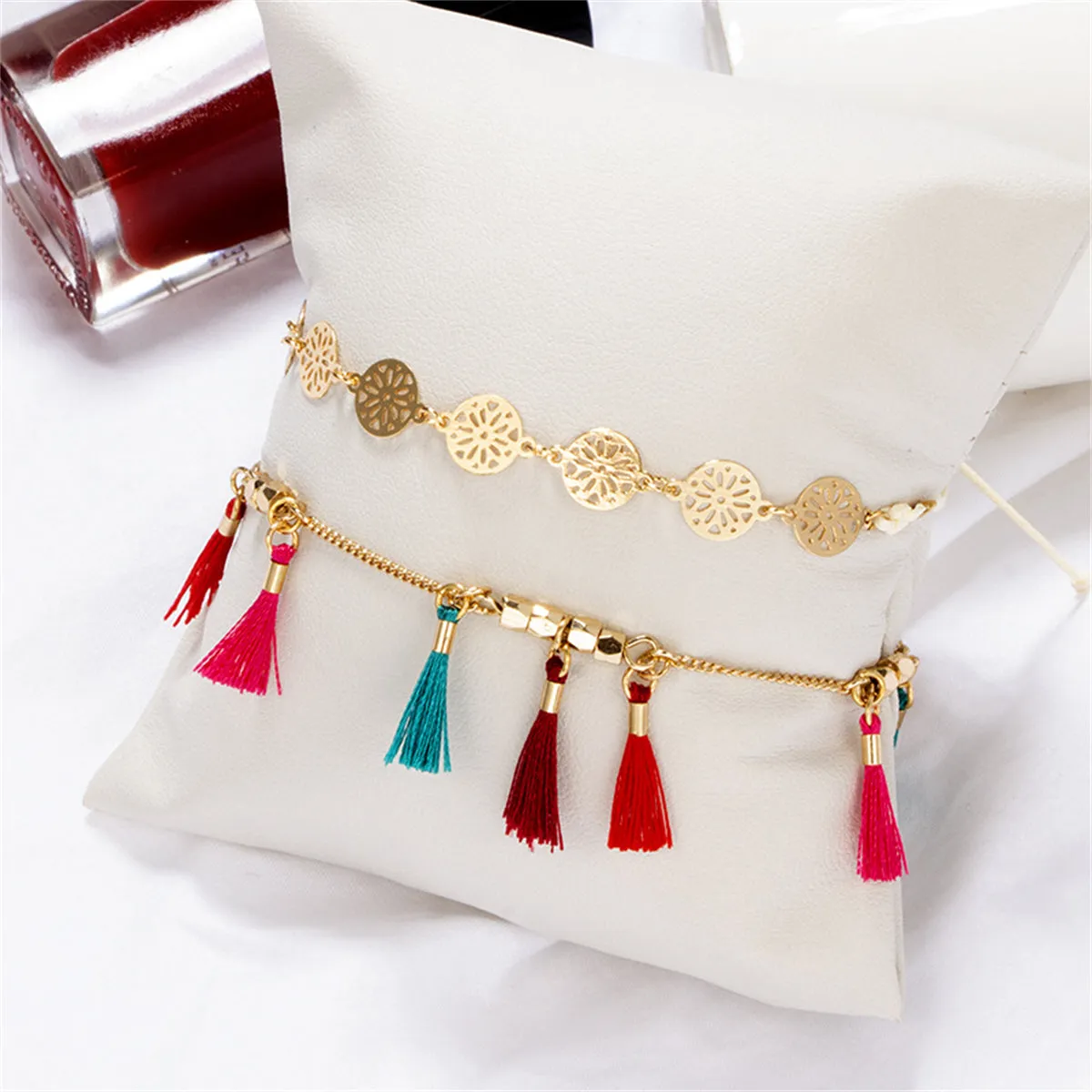 Red Multicolor Polyster & 18K Gold-Plated Rose Station Anklet Set