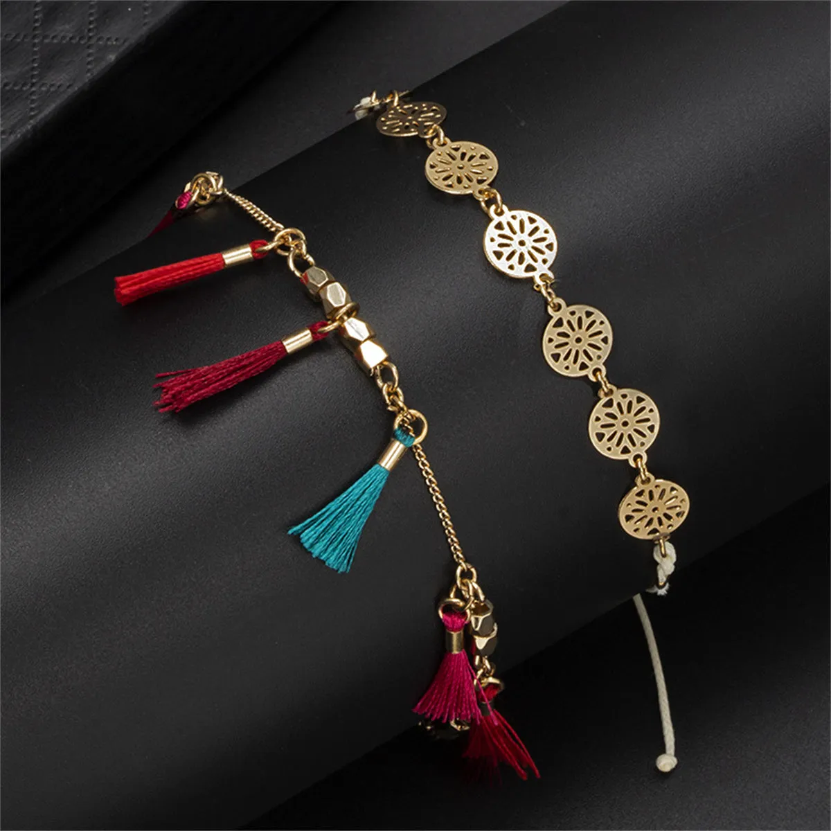 Red Multicolor Polyster & 18K Gold-Plated Rose Station Anklet Set