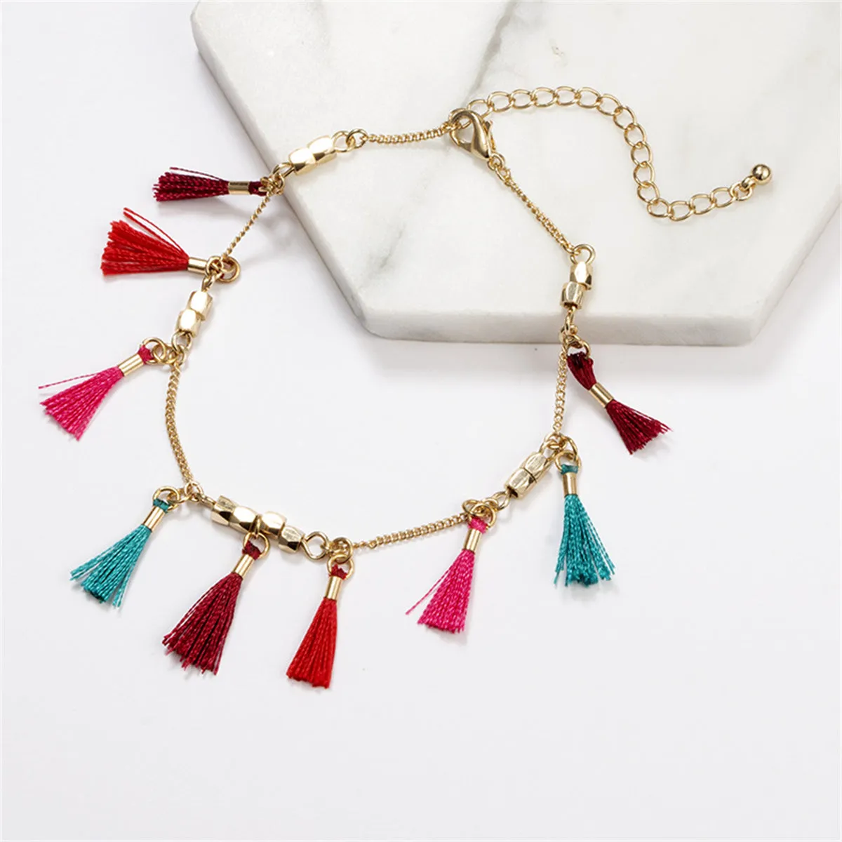 Red Multicolor Polyster & 18K Gold-Plated Rose Station Anklet Set