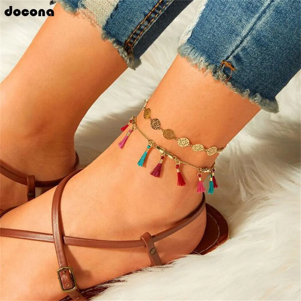 Red Multicolor Polyster & 18K Gold-Plated Rose Station Anklet Set