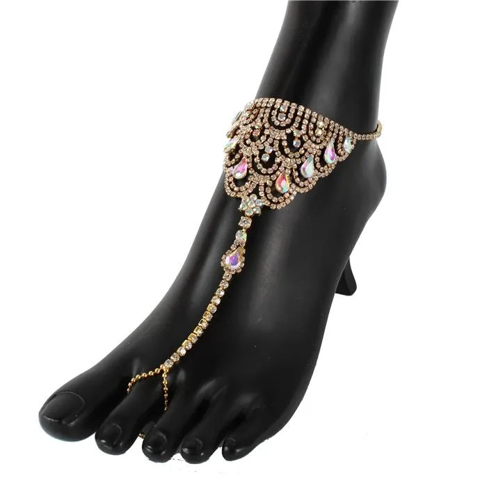 Rhinestones Toe Ring With Anklet