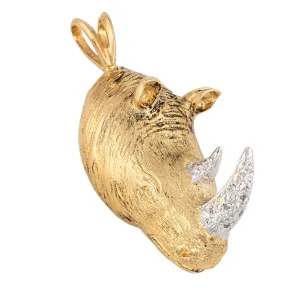 Rhinoceros Pendant Diamond Tusk Vintage 14k Yellow Gold Rhino Animal Jewelry