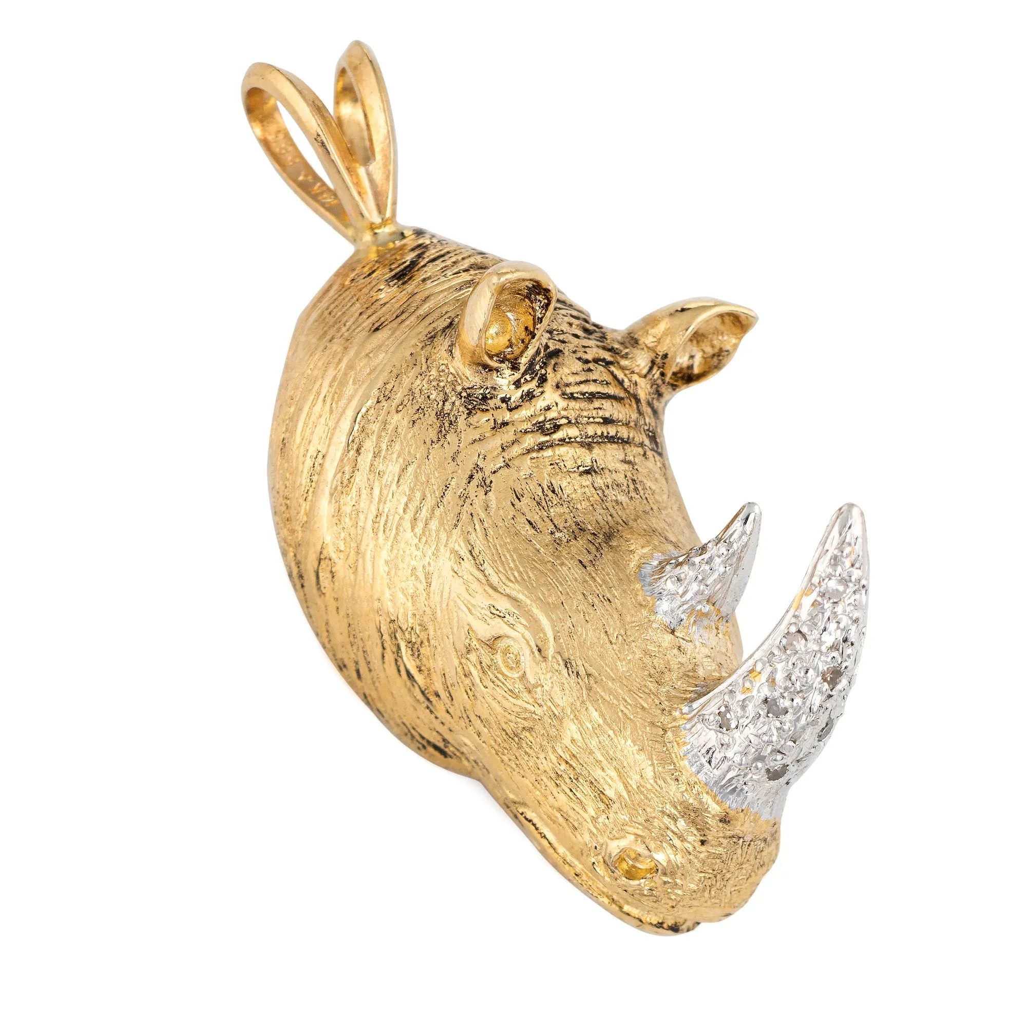 Rhinoceros Pendant Diamond Tusk Vintage 14k Yellow Gold Rhino Animal Jewelry