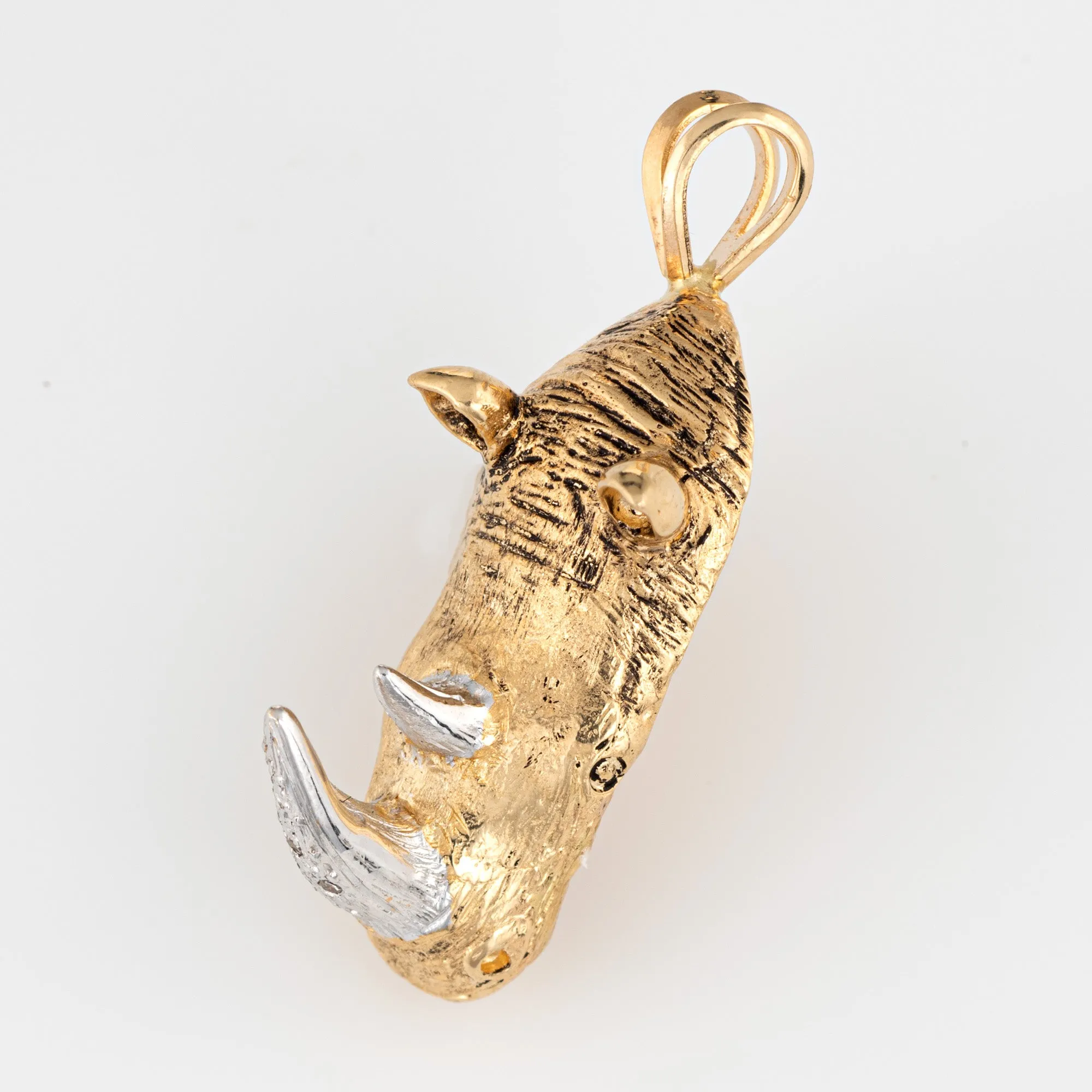 Rhinoceros Pendant Diamond Tusk Vintage 14k Yellow Gold Rhino Animal Jewelry
