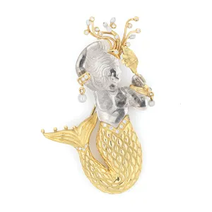 Rock Crystal Mermaid Pendant Estate 18k Yellow Gold Diamond Brooch Jewelry