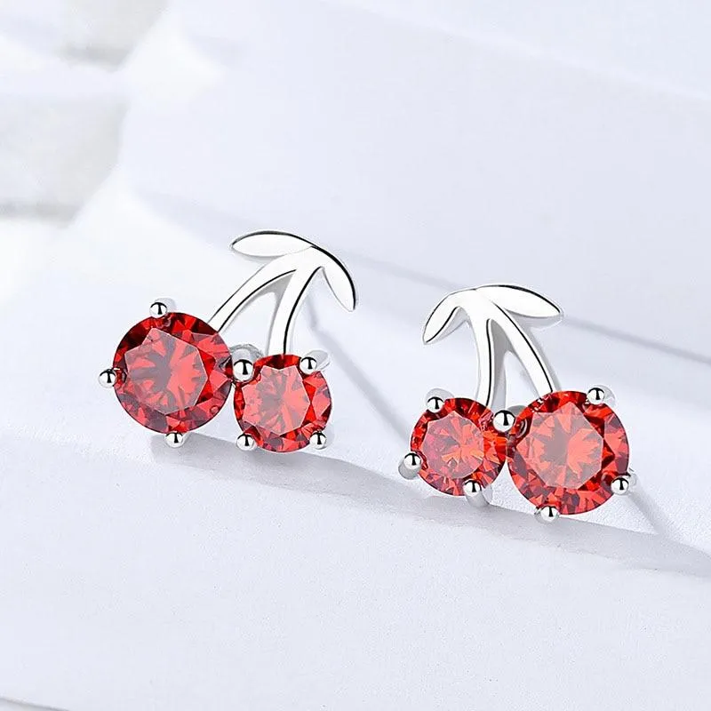 Romantic 925 Silver Red Cherry Stud Earrings for Women, Fashion Jewelry Anniversary Gift for Girls