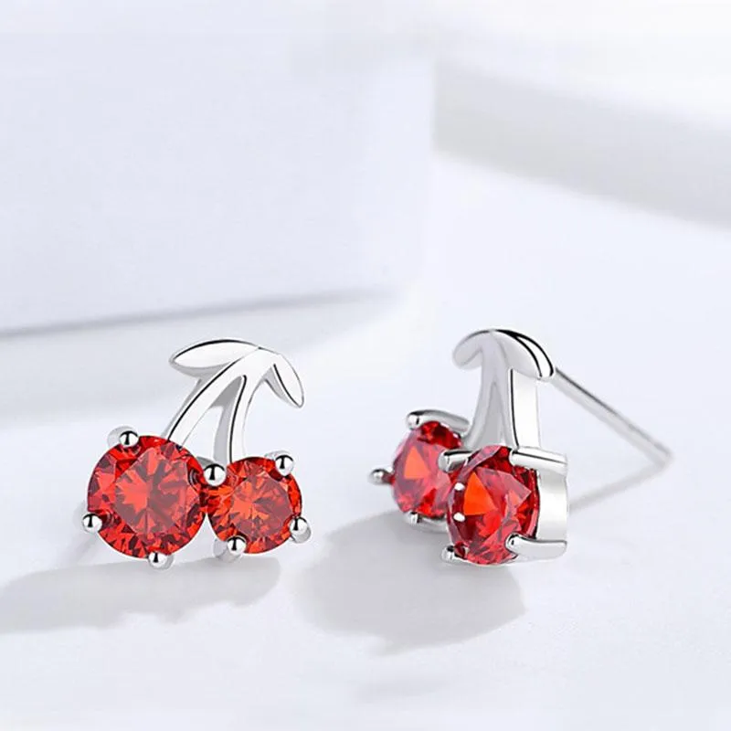 Romantic 925 Silver Red Cherry Stud Earrings for Women, Fashion Jewelry Anniversary Gift for Girls