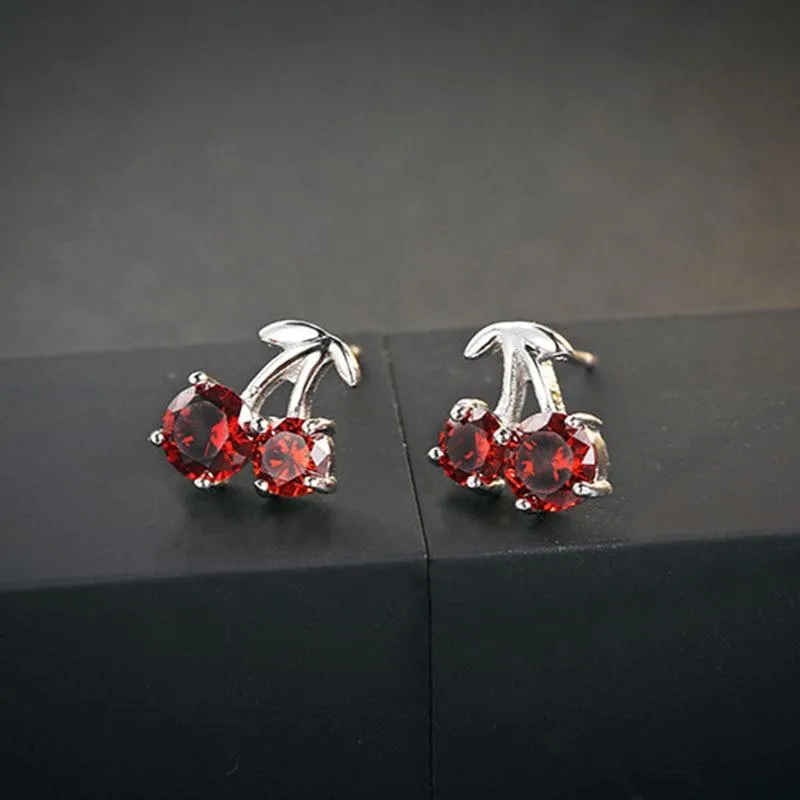 Romantic 925 Silver Red Cherry Stud Earrings for Women, Fashion Jewelry Anniversary Gift for Girls